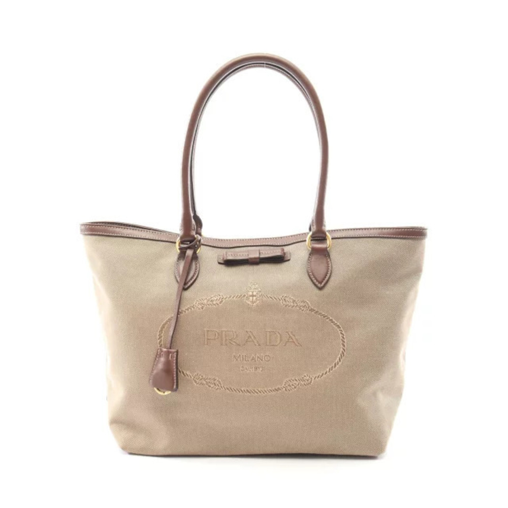 Prada JACQUARD Tote Bag Canvas Leather Beige Cream Brown